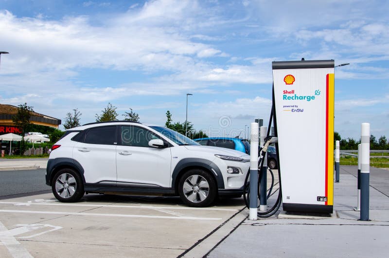 Geseke, Germany - August 15, 2021: Shell Recharge Electric Vehicle Charging stock photo