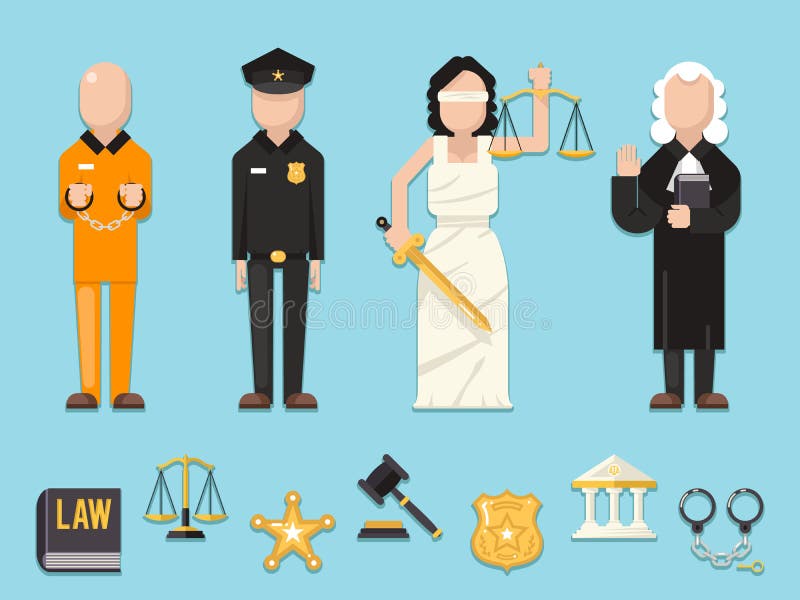 Gesetzesgerechtigkeit Themis Femida-Skalaklingenpolizei beurteilt Ikonenvektorillustration des Gefangencharakterikonen-Symbolsatz lizenzfreie abbildung Gesetzesgerechtigkeit Themis Femida-Skalaklingenpolizei beurteilt Ikonenvektorillustration des Gefangencharakterikonen-Symbolsatz lizenzfreie abbildung