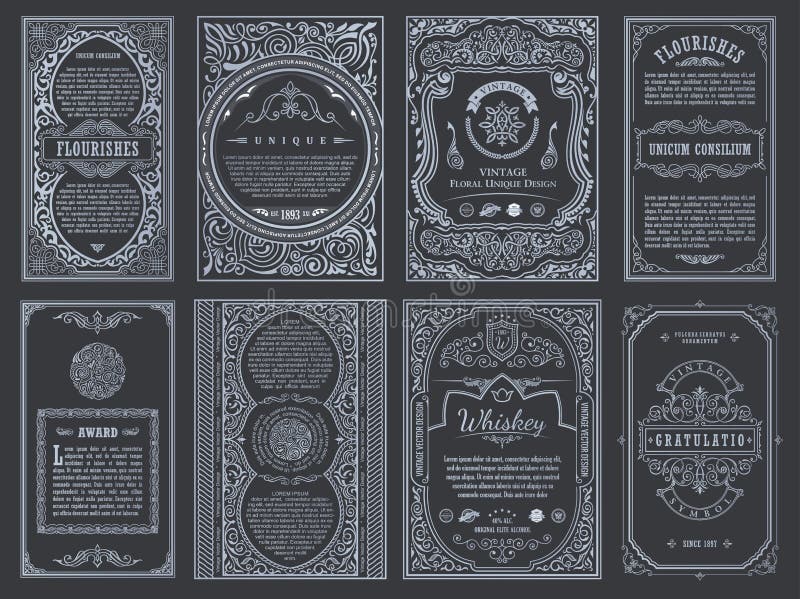 Gesetzte Retro- Karten der Weinlese Schablonengrußkarten-Hochzeitseinladung Linie kalligraphische Rahmen lizenzfreie abbildung