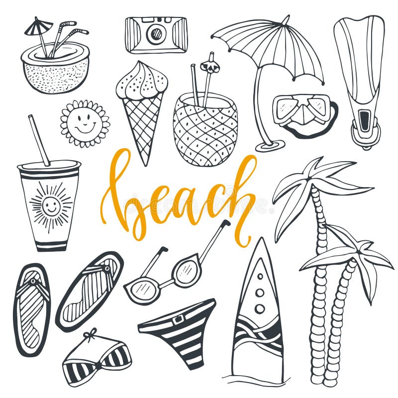 Gesetzte Sommerstrandurlaube der Ikone mit Surfbrett, Badeanzug, Palme, Flossen, Cocktails, Eiscreme, Getränk, Sonnenbrille, Rege stock abbildung Gesetzte Sommerstrandurlaube der Ikone mit Surfbrett, Badeanzug, Palme, Flossen, Cocktails, Eiscreme, Getränk, Sonnenbrille, Rege stock abbildung