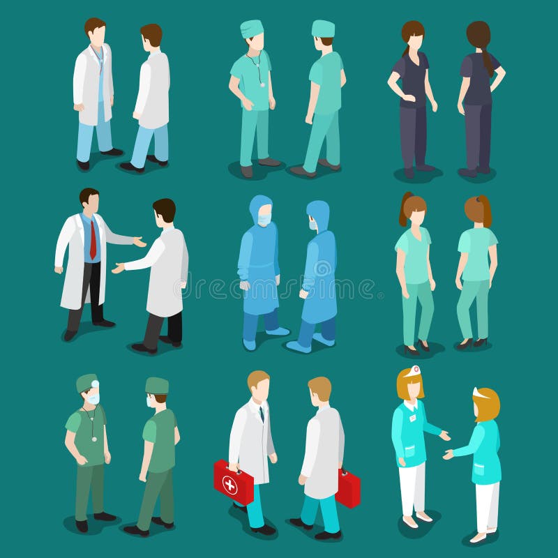 Flat 3d isometry isometric doctor nurse surgeon orderly icon set concept web infographics vector illustration. Healthcare medicine professional conceptual. Creative people collection. Flat 3d isometry isometric doctor nurse surgeon orderly icon set concept web infographics vector illustration. Healthcare medicine professional conceptual. Creative people collection.