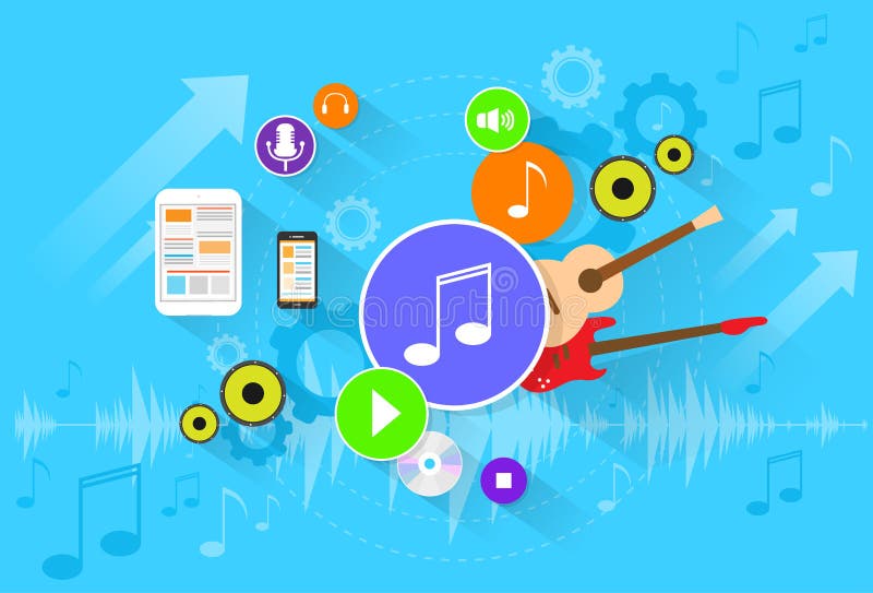 Gesetzter Vektor der Musikfahnenfarbikonen-Ebene vektor abbildung Gesetzter Vektor der Musikfahnenfarbikonen-Ebene vektor abbildung