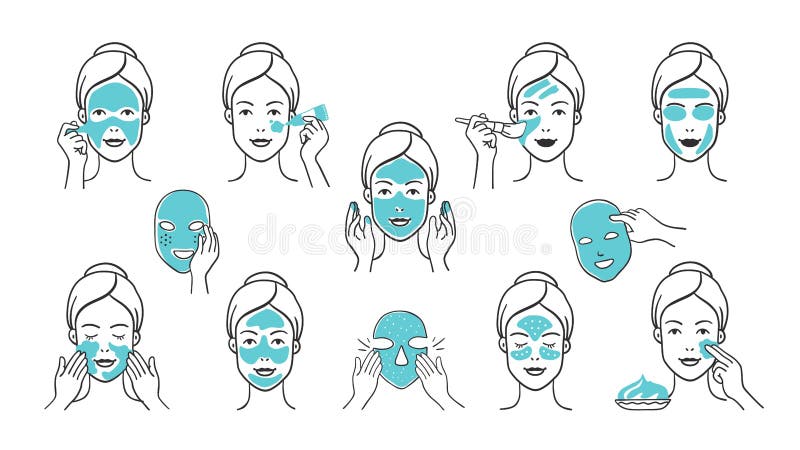 Facial mask set. Skin care and health infographic elements, girl face with facial mask applying steps. Vector hand drawn isolate images icons masks girl face apply for clean skin. Facial mask set. Skin care and health infographic elements, girl face with facial mask applying steps. Vector hand drawn isolate images icons masks girl face apply for clean skin