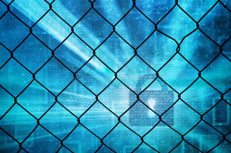 Turquoise blue colored closed binary number padlock illustration with wire fence background. Safety concept copy space background. Turquoise blue colored closed binary number padlock illustration with wire fence background. Safety concept copy space background.
