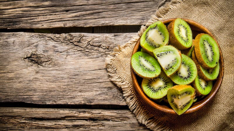 Gesneden kiwifruit in een houten kop de oude stof stock fotografie Gesneden kiwifruit in een houten kop de oude stof stock fotografie