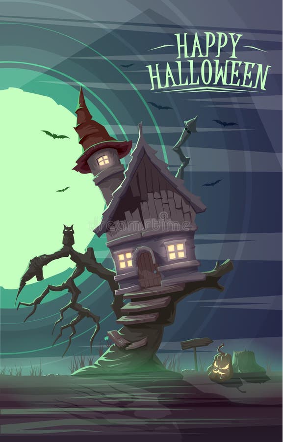 Gespenstisches altes Haus der Hexe auf dem Baum Glückliches Halloween-cardposter vektor abbildung Gespenstisches altes Haus der Hexe auf dem Baum Glückliches Halloween-cardposter vektor abbildung