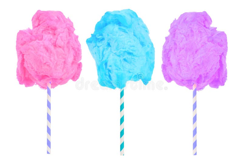 Gesponnen suiker in roze, blauwe en purpere die kleuren op wit worden geïsoleerd