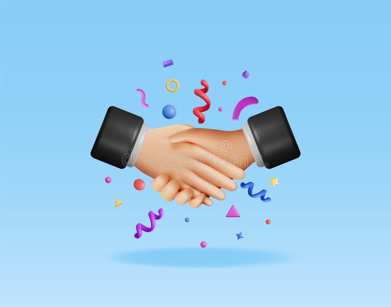 3D handshake gesture and confetti isolated. Render concept of shaking hands. Relations of partnership. Business people partners handshake. Successful transaction, agreement, deal. Vector illustration. 3D handshake gesture and confetti isolated. Render concept of shaking hands. Relations of partnership. Business people partners handshake. Successful transaction, agreement, deal. Vector illustration