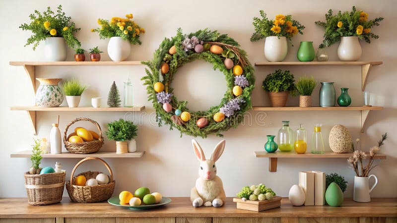 Gestalten Sie einen gemütlichen Osterwohnsaal mit einem gemütlichen Holzhelf und zeigen Sie Osterdekorationen mit Holzstühlen stock abbildung