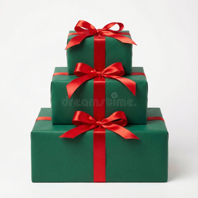 Gestapelde groene cadeaudozen met strikken stock foto's