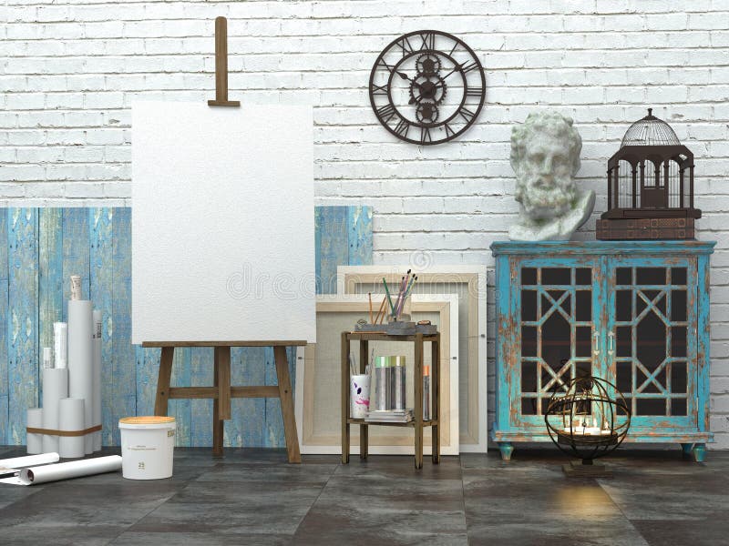 Easel with blank white canvas in the loft interior, 3d illustration of the artist`s studio. Easel with blank white canvas in the loft interior, 3d illustration of the artist`s studio.
