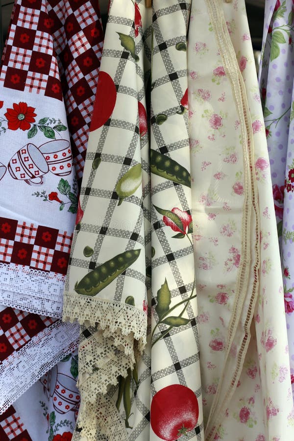 Stamped tablecloths in open air market stall. Stamped tablecloths in open air market stall