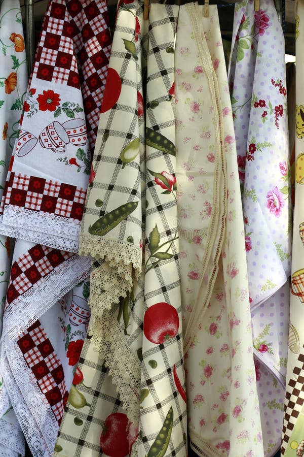 Stamped tablecloths in open air market stall. Stamped tablecloths in open air market stall