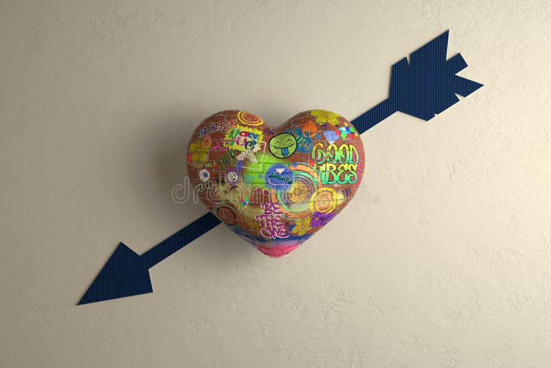 Stylized brick heart, decorated with colorful graffiti, hanging on the white grungy wall with a flat arrow. 3D render illustration. Stylized brick heart, decorated with colorful graffiti, hanging on the white grungy wall with a flat arrow. 3D render illustration