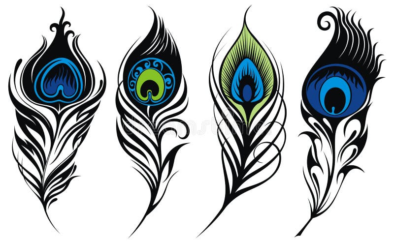 Set of stylized peacock feathers. Set of stylized peacock feathers