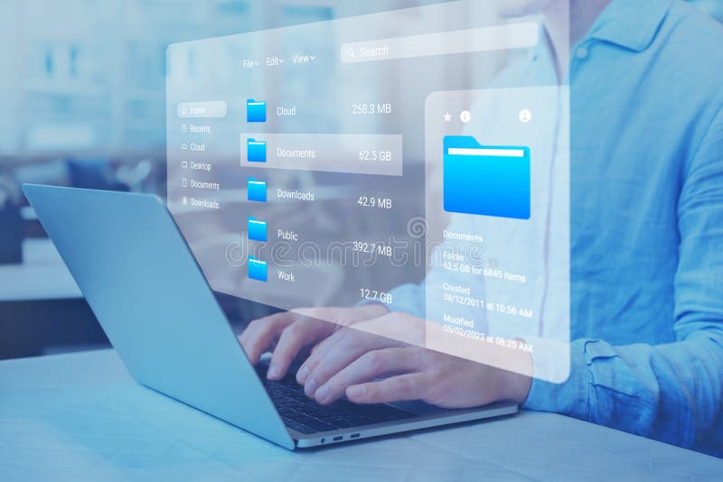 Gestione dei documenti dms e file manager del sistema di gestione dei documenti utilizzati per sfogliare le cartelle nel computer. fotografie stock libere da diritti