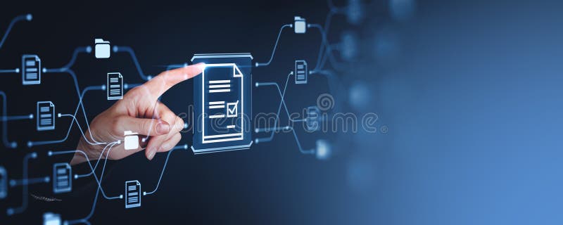Gestione digitale dei documenti con interfaccia futuristica su sfondo blu fotografie stock