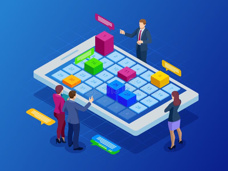 Gestione settimanale online isometrica di organizzazione del pianificatore del calendario e di programma sullo smartphone o sulla royalty illustrazione gratis Gestione settimanale online isometrica di organizzazione del pianificatore del calendario e di programma sullo smartphone o sulla royalty illustrazione gratis