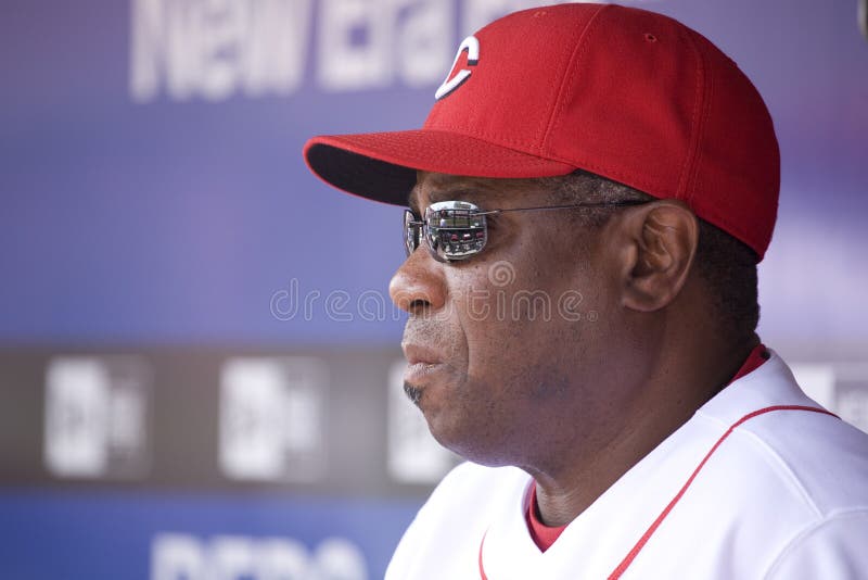 Cincinnati Reds Manager Dusty Baker looks out on the field from the dugout. Cincinnati Reds Manager Dusty Baker looks out on the field from the dugout