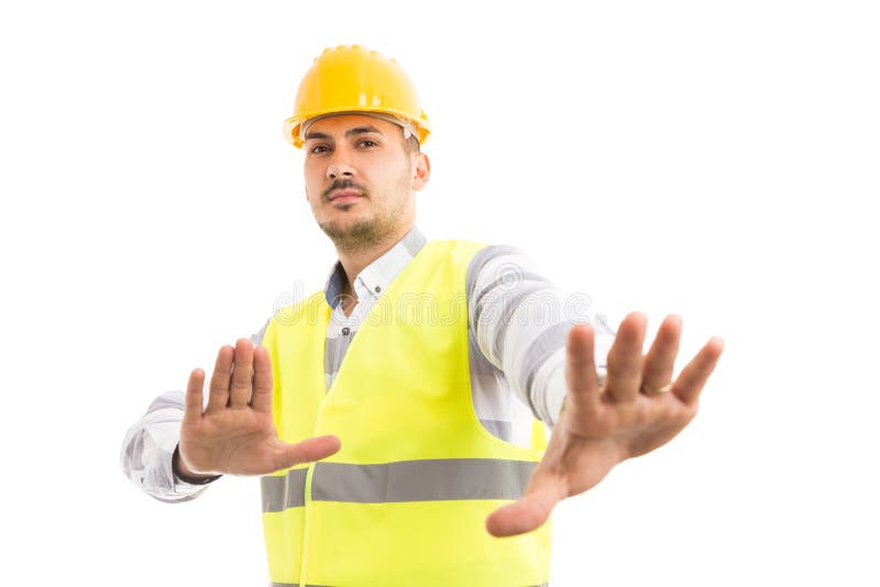 Gesto de defesa assustado de atuação do coordenador ou do contramestre fotografia de stock Gesto de defesa assustado de atuação do coordenador ou do contramestre fotografia de stock