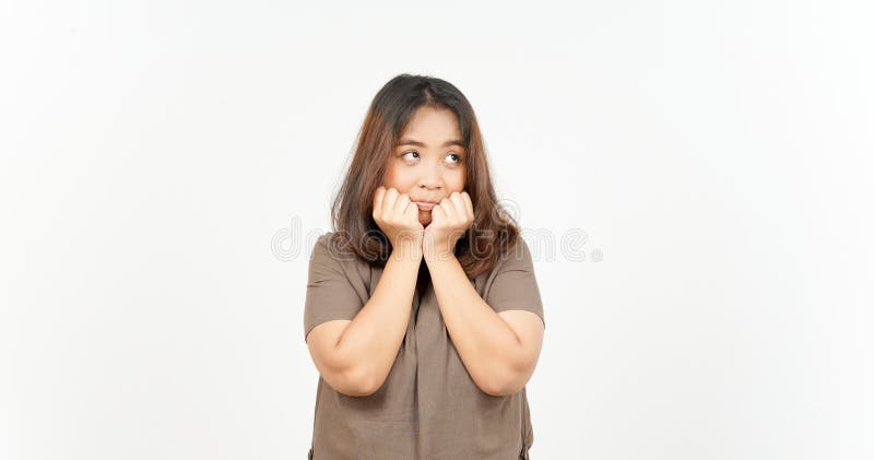 Gesto di riflessione della bella donna asiatica isolata su sfondo bianco fotografie stock libere da diritti