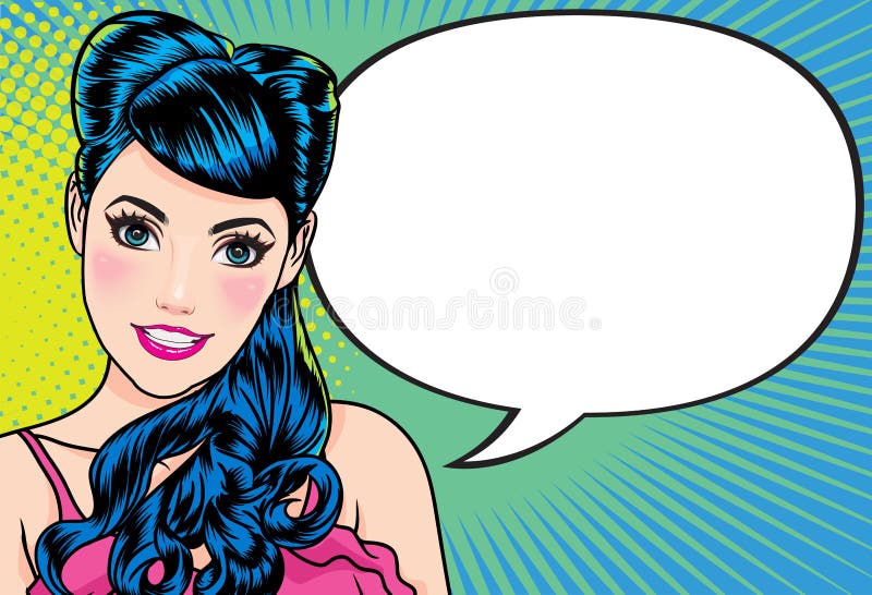 Gesto sorridente della donna che parla presentando qualcosa con Pop art del fondo del punto illustrazione di stock Gesto sorridente della donna che parla presentando qualcosa con Pop art del fondo del punto illustrazione di stock