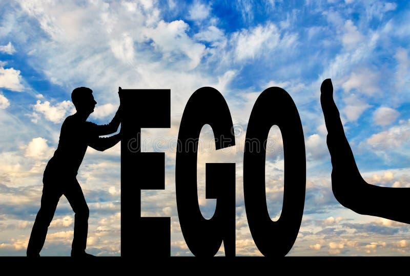 Gesture of the hand stop and silhouette of the man pushing the word ego