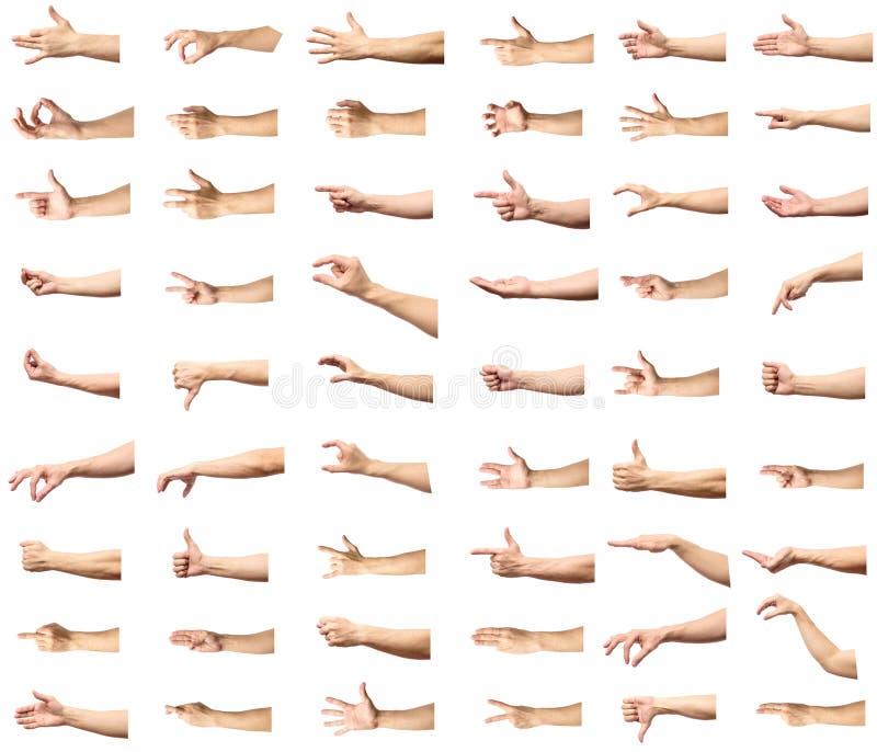 Gesturi multiple de mână caucaziană, izolate pe baa albă royalty free stock image