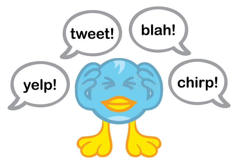 Cartoon blue bird being overwhelmed by talk bubbles. Cartoon blue bird being overwhelmed by talk bubbles