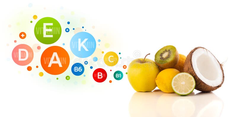 Gesunde Früchte mit bunten Vitaminsymbolen und -ikonen lizenzfreie stockfotografie Gesunde Früchte mit bunten Vitaminsymbolen und -ikonen lizenzfreie stockfotografie