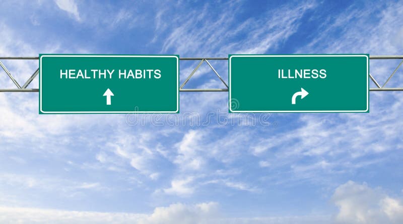 Road sign to healthy habits and illness. Road sign to healthy habits and illness