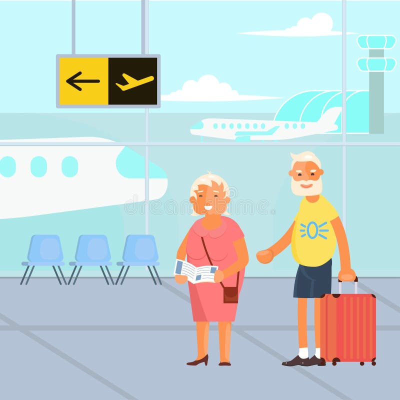 Healthy active lifestyle retiree for grandparents. Elderly people characters travel. Voyage for grandparents family Seniors at the airport. Vector illustration eps 10. Healthy active lifestyle retiree for grandparents. Elderly people characters travel. Voyage for grandparents family Seniors at the airport. Vector illustration eps 10