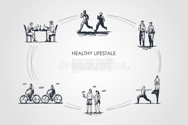 Healthy lifestyle - people jogging, walking, doing yoga, sunbathing, riding bicycles and drinking tea vector concept set. Hand drawn sketch isolated illustration. Healthy lifestyle - people jogging, walking, doing yoga, sunbathing, riding bicycles and drinking tea vector concept set. Hand drawn sketch isolated illustration