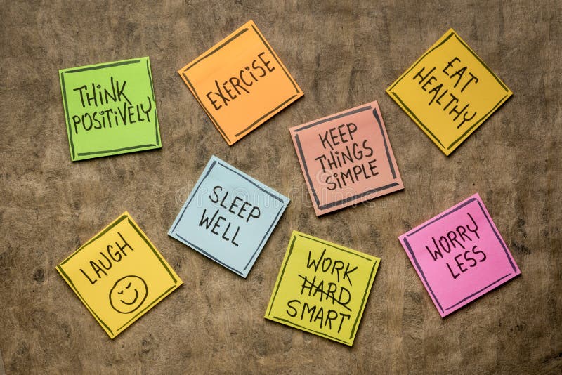 Healthy lifestyle and wellbeing concept - a set of inspirational reminder notes. Healthy lifestyle and wellbeing concept - a set of inspirational reminder notes