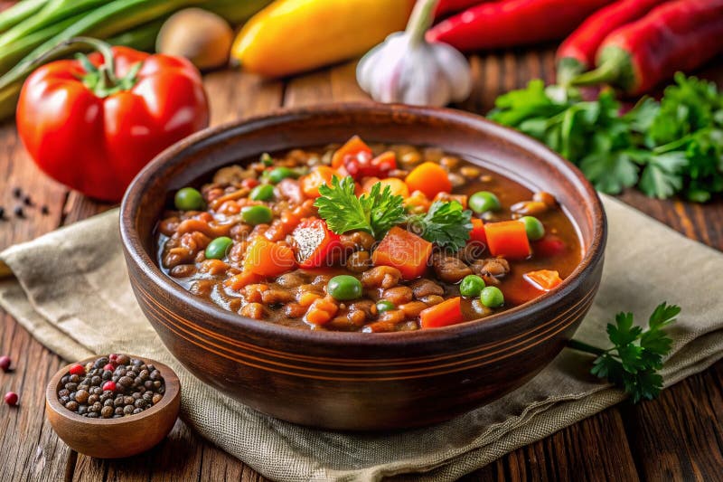 Gesunder Lentil und Gemüsesauß Ein köstlicher, nahrhafter und preiswerterFreundlicher OnePot Meal für gesunde und köstliche Speise stock abbildung
