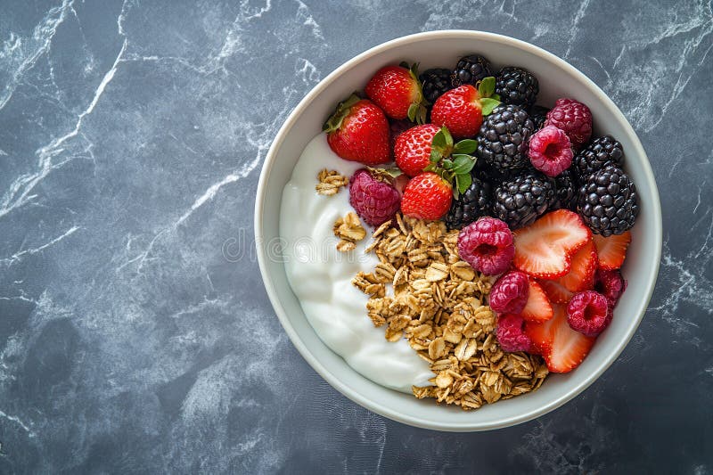Gesundes Frühstück Bowl Yogurt Granola Frische Berries Marmorboden lizenzfreie abbildung