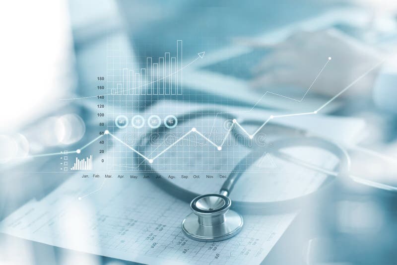 Gesundheitswesengeschäftsdiagramm und ärztliche Untersuchung und Geschäftsmann, die Daten und Wachstumstabelle auf blured Hinterg stockfotos