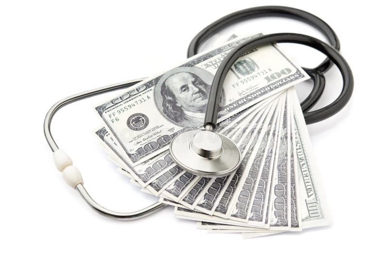 Stethoscope and money symbol for health care costs or medical insurance. Stethoscope and money symbol for health care costs or medical insurance