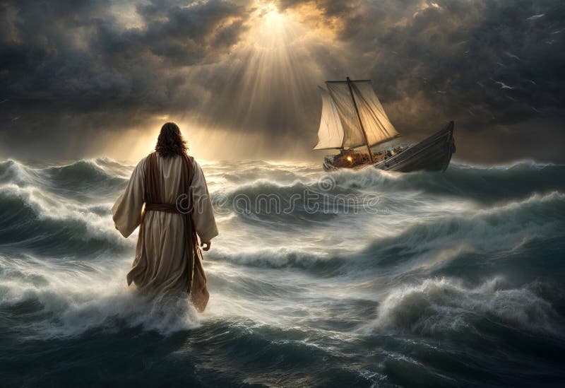Jesus walking on water biblical conceptual theme. Religious concept. Ai generated image. Jesus walking on water biblical conceptual theme. Religious concept. Ai generated image.