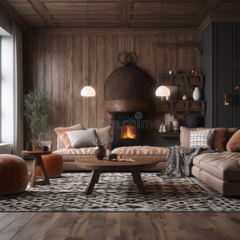 Cozy Rustic Living Room with Geometric Textured Walls stock illustration