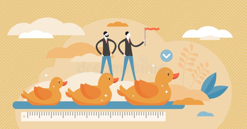 Get ducks in row visualization vector illustration in tiny persons concept.