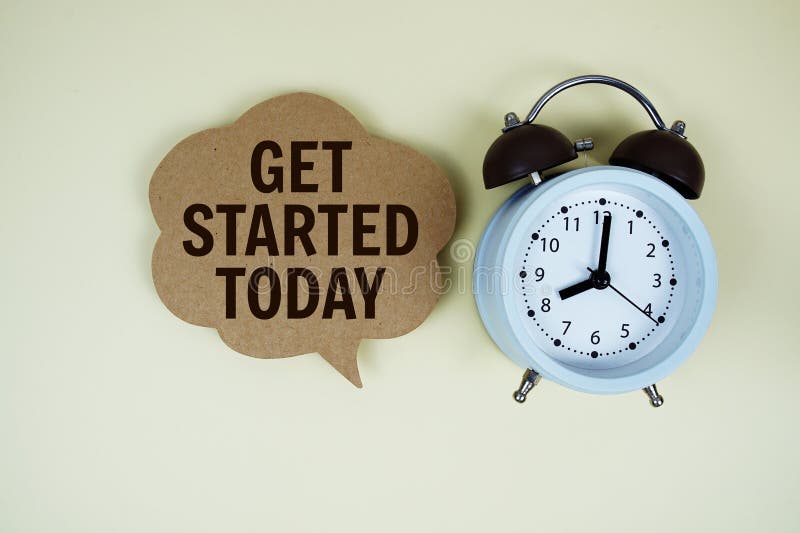 Get Started Today text on speech bubble with alarm clock on yellow background royalty free stock image