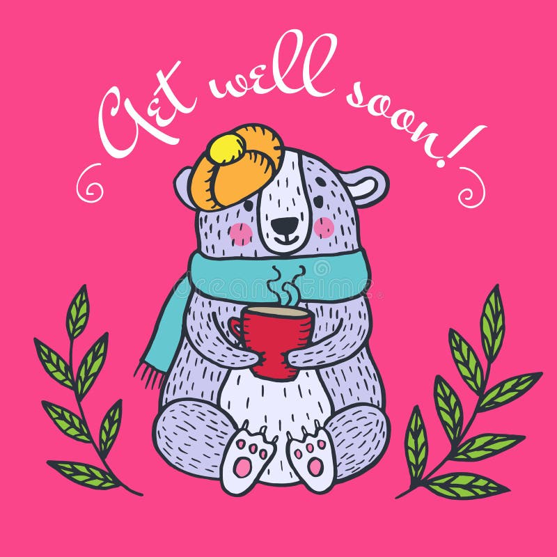 Get Well Soon Card With Teddy Bear And Jam. Vector Illustrated