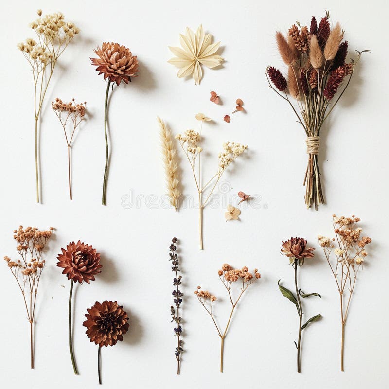 Getrocknete Botanicals auf weißem Hintergrund angeordnet, einschließlich Sorten wie Babys Atem. Getrocknete Botanicals auf weißem Hintergrund angeordnet, einschließlich Sorten wie Babys atmen Gypsophila getrocknete Weizenhalme Triticum und Kompositblumen, die Chrysanthemen ähneln. Ein kleines Bündel mit Garn enthält getrocknete Mischblumen in Erdtönen in beige-braunen und bordeauxfarbenen Tönen. Die Einrichtung zeichnet sich durch feine Texturen und subtile Farbvariationen aus, die die natürliche Schönheit der geschützten Flora unterstreichen.