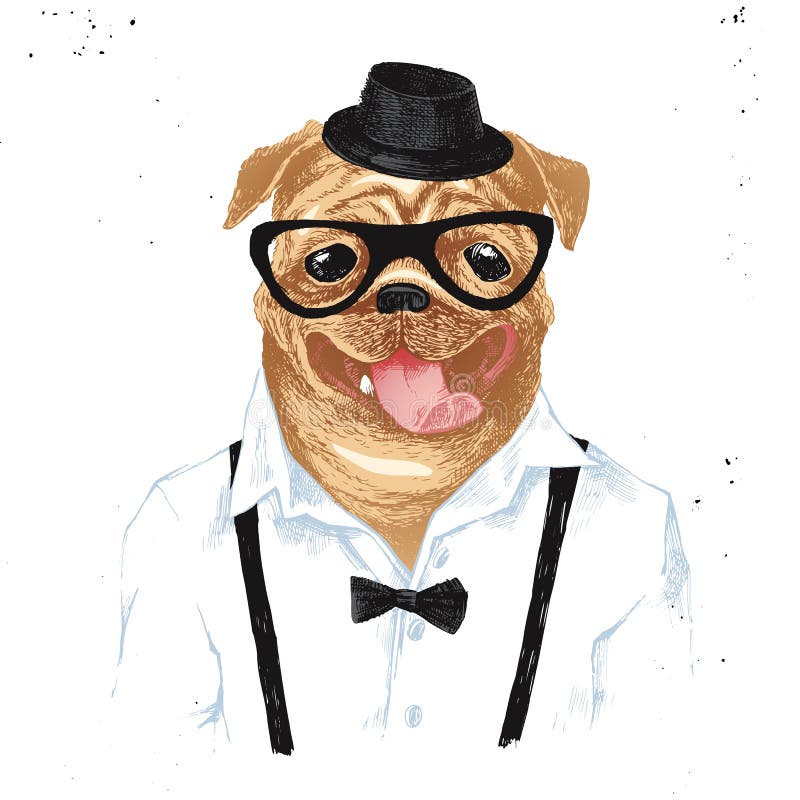 Getrokken de hand kleedde omhoog pug in hipsterstijl royalty-vrije illustratie Getrokken de hand kleedde omhoog pug in hipsterstijl royalty-vrije illustratie