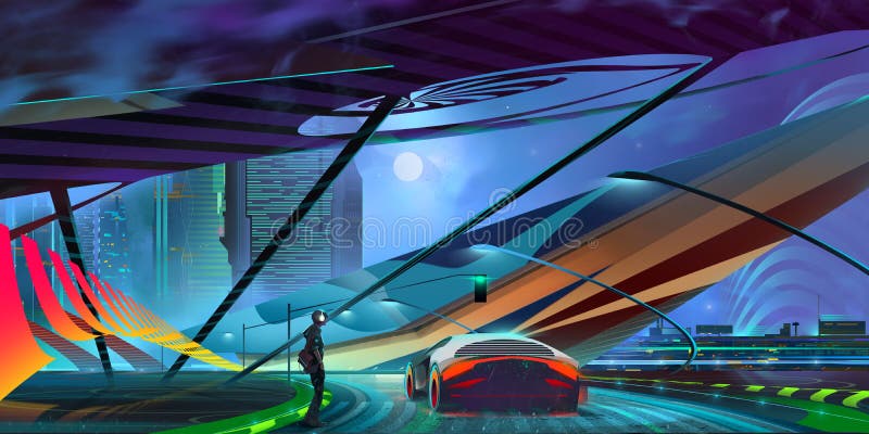 Getrokken nacht achtergrond fantastische cyberpunkcityscape met auto stock illustratie Getrokken nacht achtergrond fantastische cyberpunkcityscape met auto stock illustratie