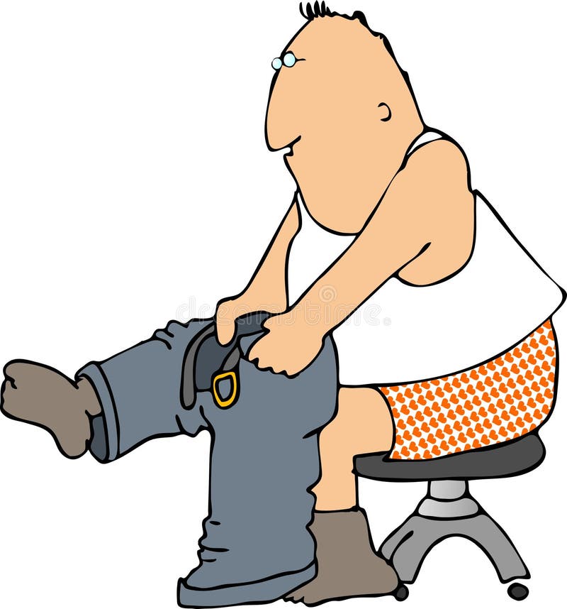 This illustration depicts a man pulling on his pants 