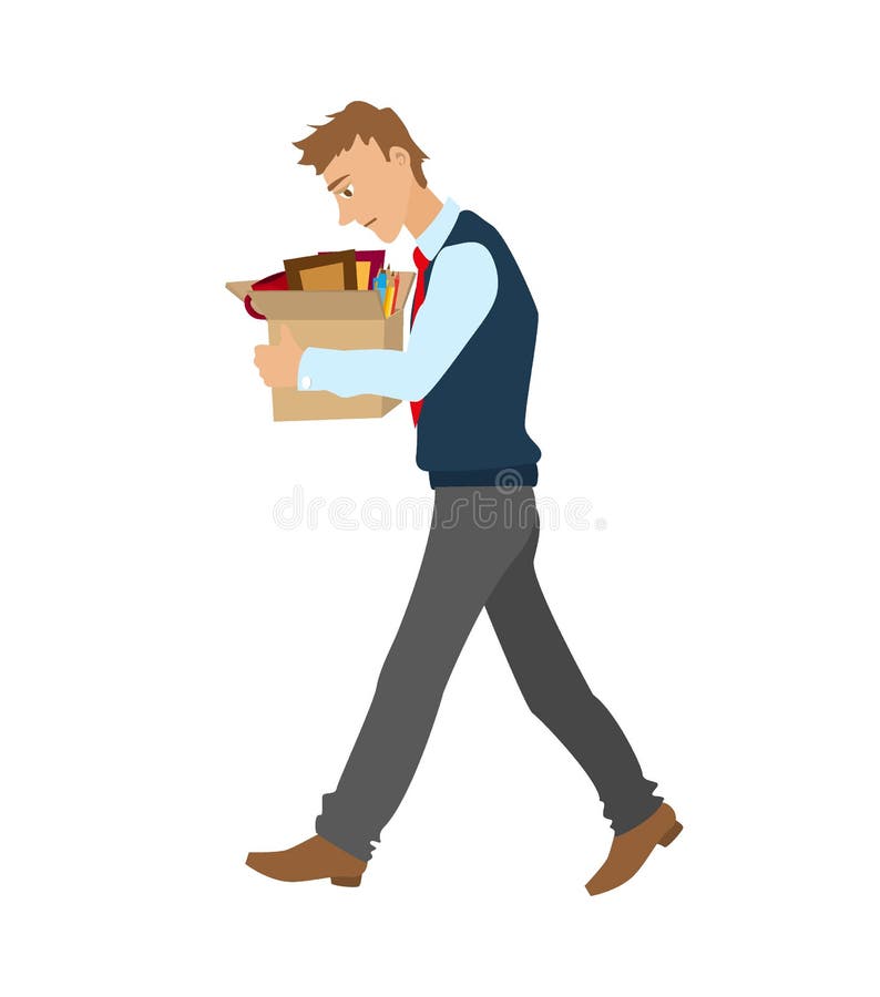 Employee man fired from job holding a box of personal belongings.  Unemployment, economic crisis, economic downturn, jobless, vector  illustration dismissed 9537506 Vector Art at Vecteezy