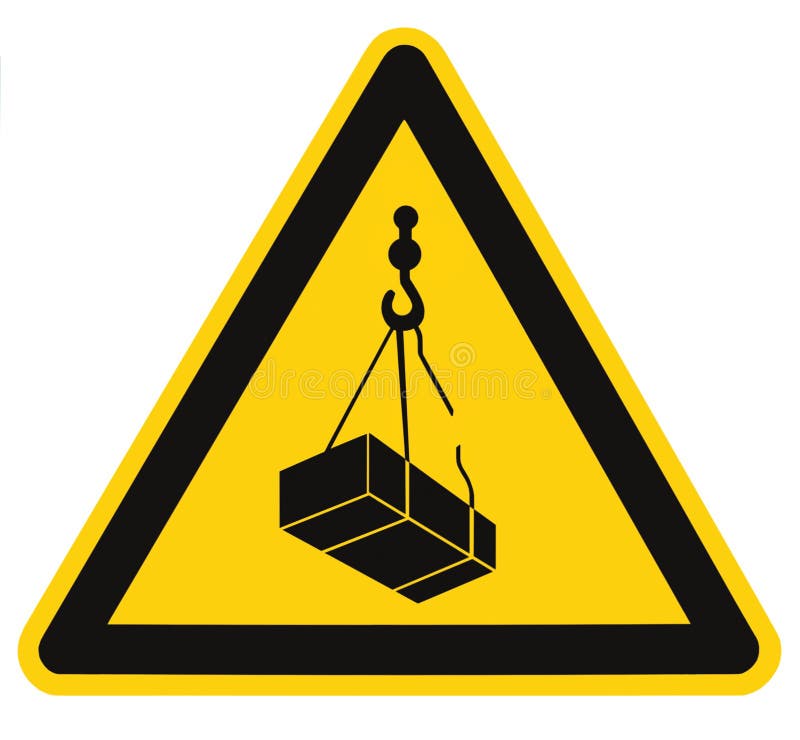 Danger overhead, crane load falling hazard risk sign, cargo icon signage, isolated black triangle over yellow large macro closeup. Danger overhead, crane load falling hazard risk sign, cargo icon signage, isolated black triangle over yellow large macro closeup