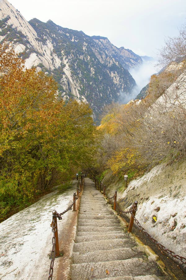 Mountain climbing dangerous road in Mount Hua(Huashan). Huashan is one of the most perilous tourist attractions in china. Huashan is located in Huayin, Shaanxi, China. Mountain climbing dangerous road in Mount Hua(Huashan). Huashan is one of the most perilous tourist attractions in china. Huashan is located in Huayin, Shaanxi, China.